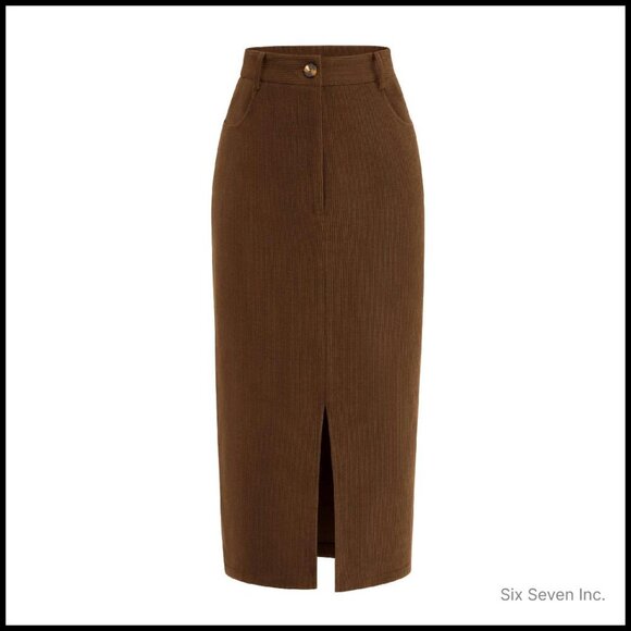 Corduroy Pencil Midi Skirt High Waisted Elegant Work Office Chic Fall Winter
